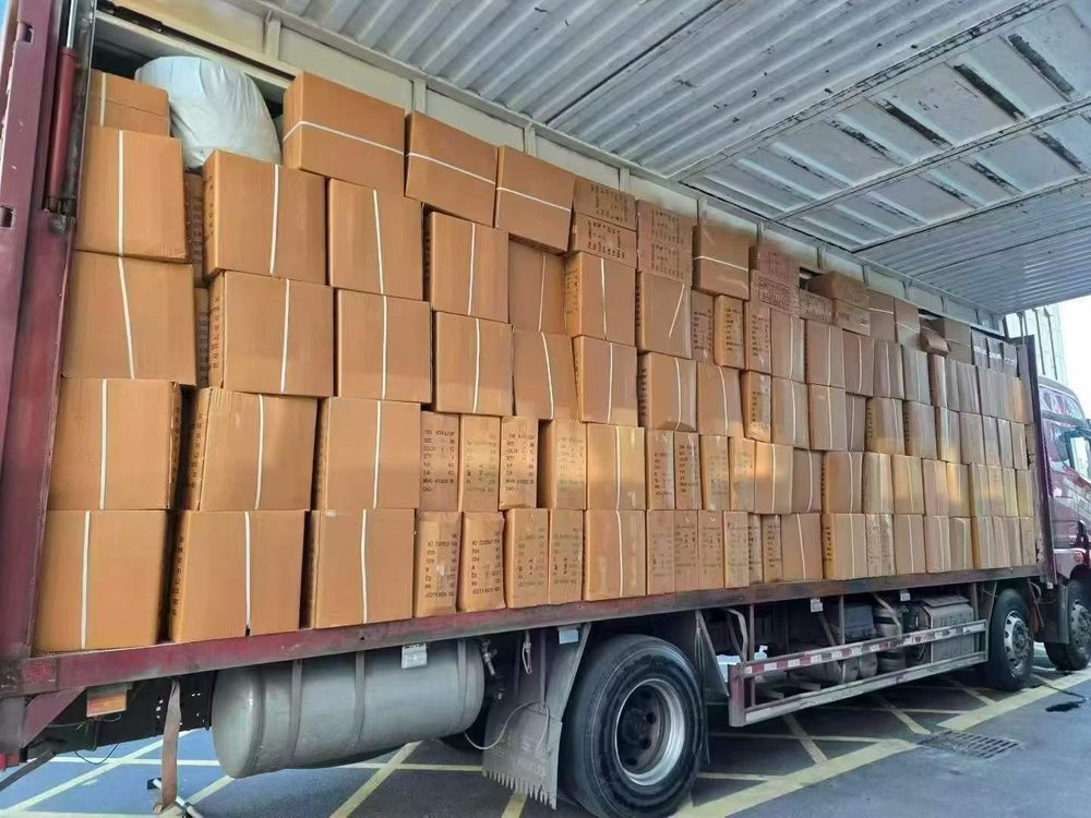 Truck fully loaded with cartons at the Yiwu warehouse