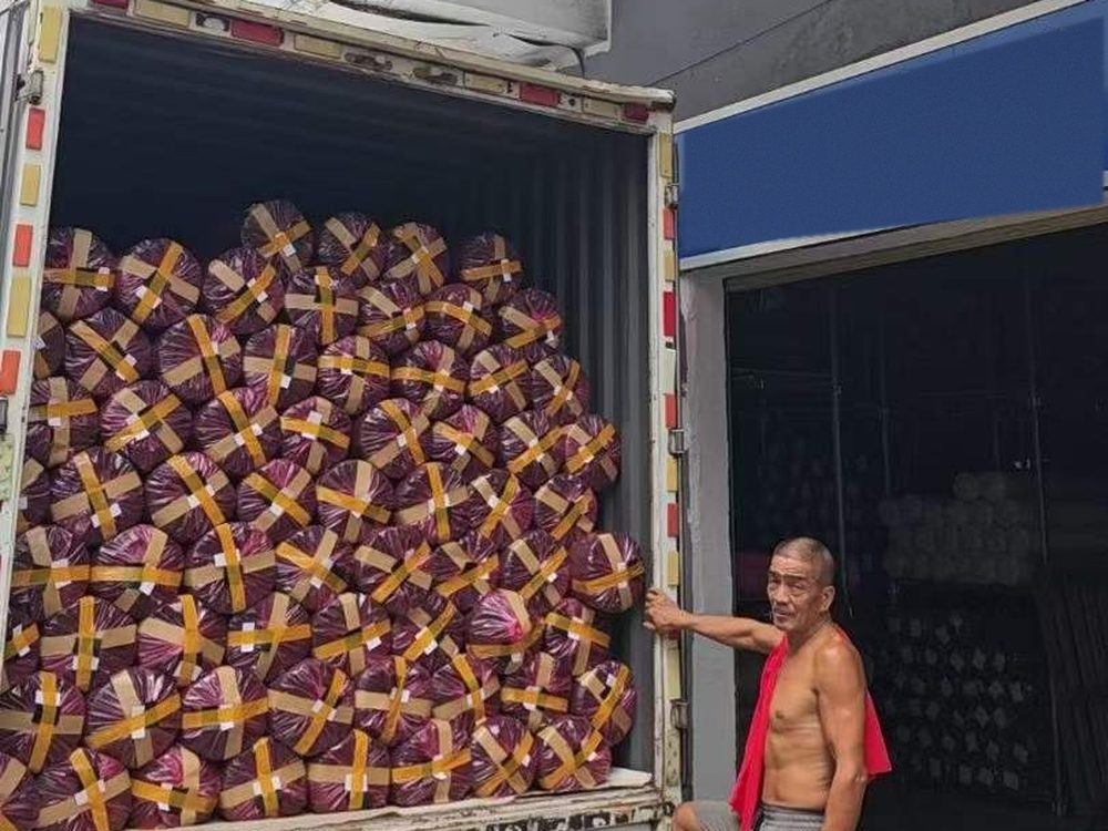Truck loaded with wrapped leather rolls